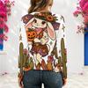 Women Plus Size White V Neck Long Sleeve Eyelet Chain Halloween Ghost Printed Top