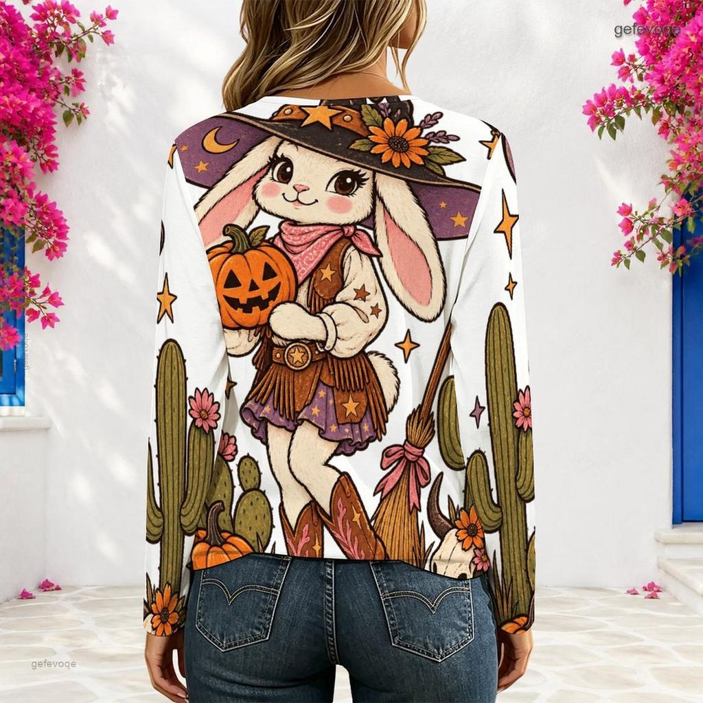Women Plus Size White V Neck Long Sleeve Eyelet Chain Halloween Ghost Printed Top
