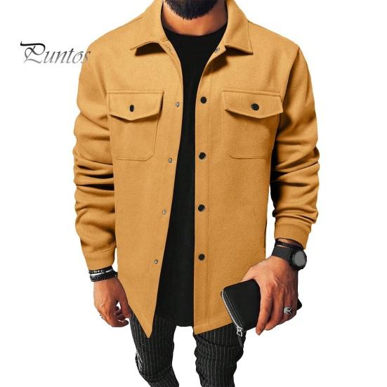 Simple Lapel Male Coat Men Autumn Winter Solid Color Shirt Long Sleeve Flap Relaxed Fit Jacket Pockets Single Breasted Loose Casual Tops Retro Texture