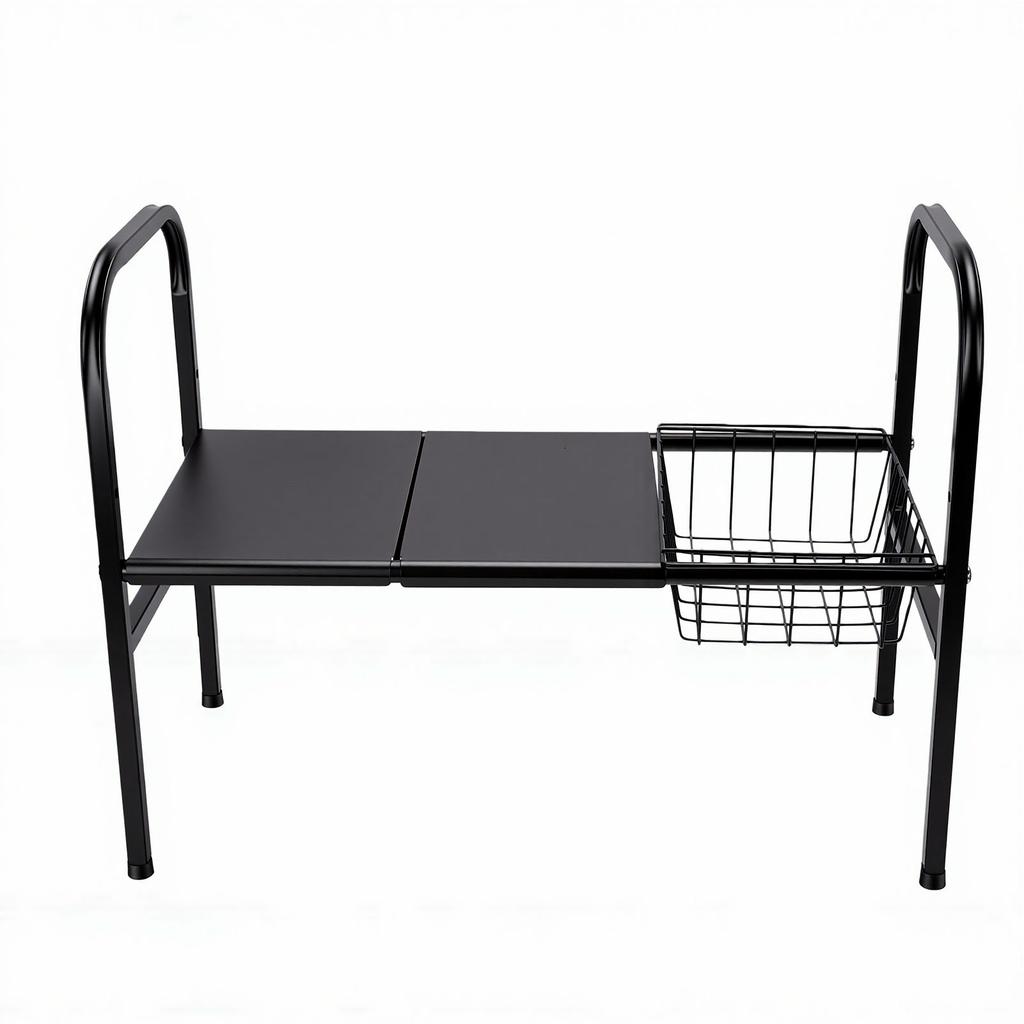 Expandable Under Sink Organizer 1 Tier Shelf with 1 Removable Basket 2 Removable Panels for Cabinet Sink Cloakroom