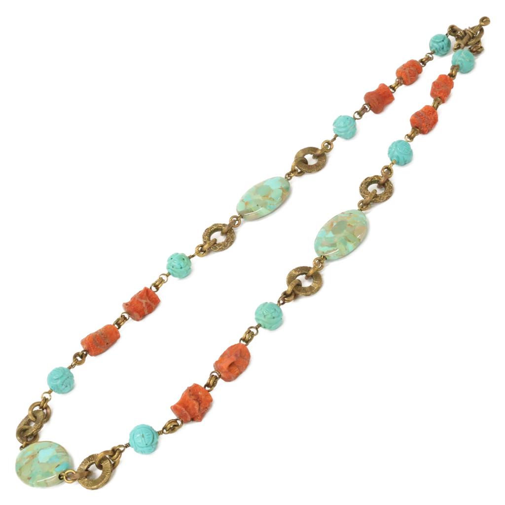 STEPHEN DWECK Turquoise/Coral Chain Necklace Gold/Red/BlueUsed