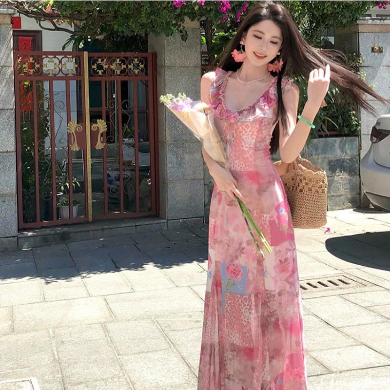 French Vacation Pink Ruffle Leaf Edge Three-dimensional Flower Floral Dress Women's Summer Slim Waist Long Dress