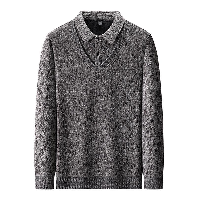 Men's Thick Fleece-Lined Knitwear: Two-Piece Look, Autumn/Winter Style for Middle-Aged & Young Casual Wear.