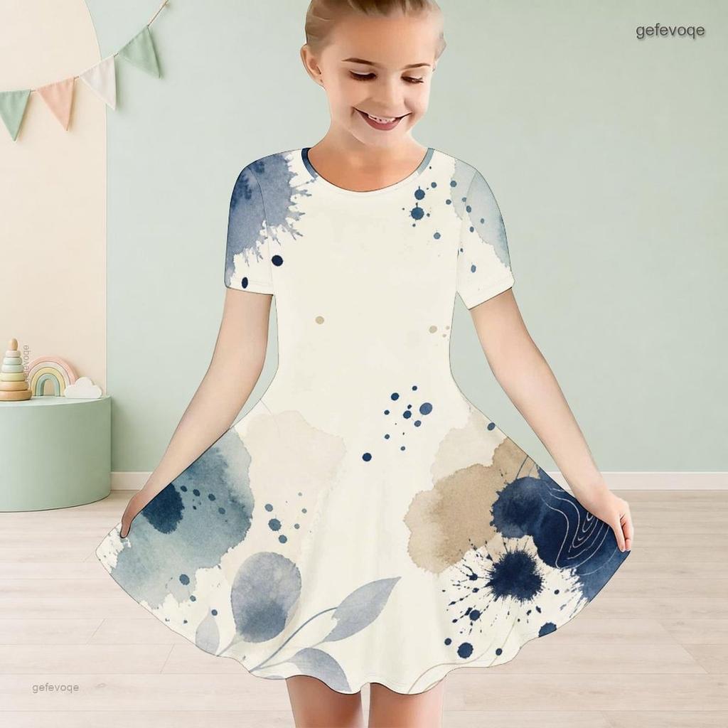 Little Girls Round Neck Short Sleeve Watercolor Printed A Line Flared Dress
