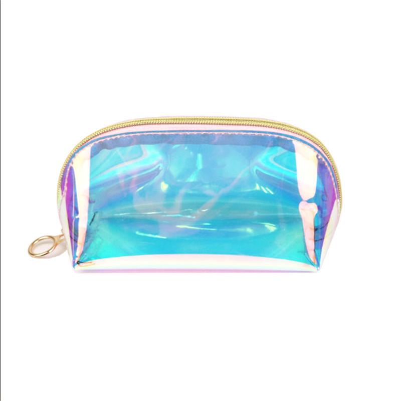 Iridescent Laser Makeup Bag - Thick TPU, Semi-circular, Transparent, Portable Storage