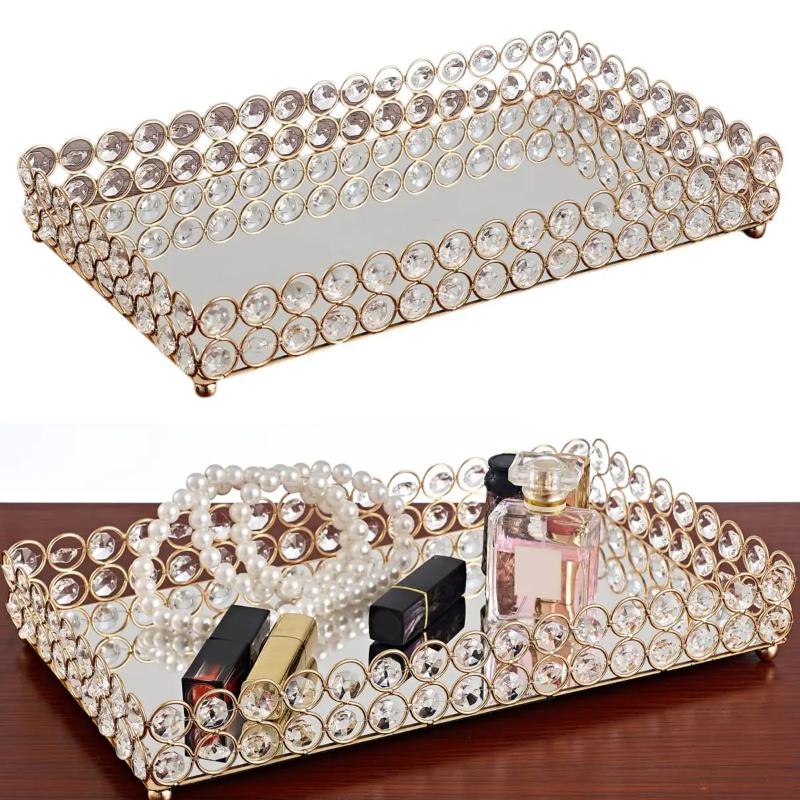 Crystal Mirror Tray, Cosmetics Tray, Perfume and Jewelry Display Tray, Table Decoration Fruit Tray for Holding Metal Cake Tray