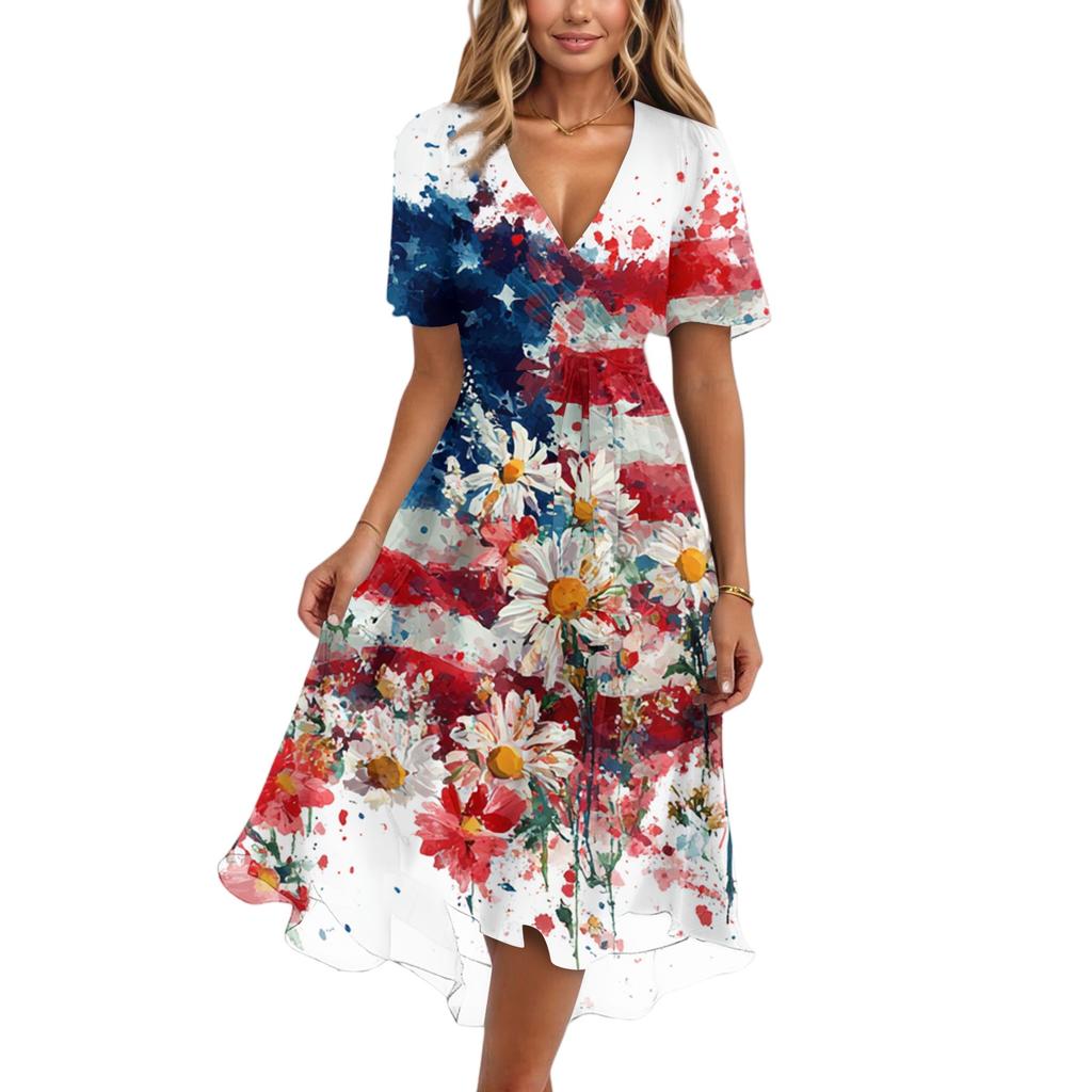Women's Fashionable Casual V-neck Short-sleeved Independence Day Printed Dress