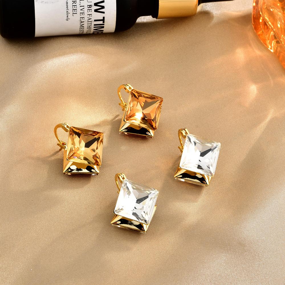 Stylish retro double-sided champagne square glass ear buckle high-end geometric niche design versatile earrings earrings