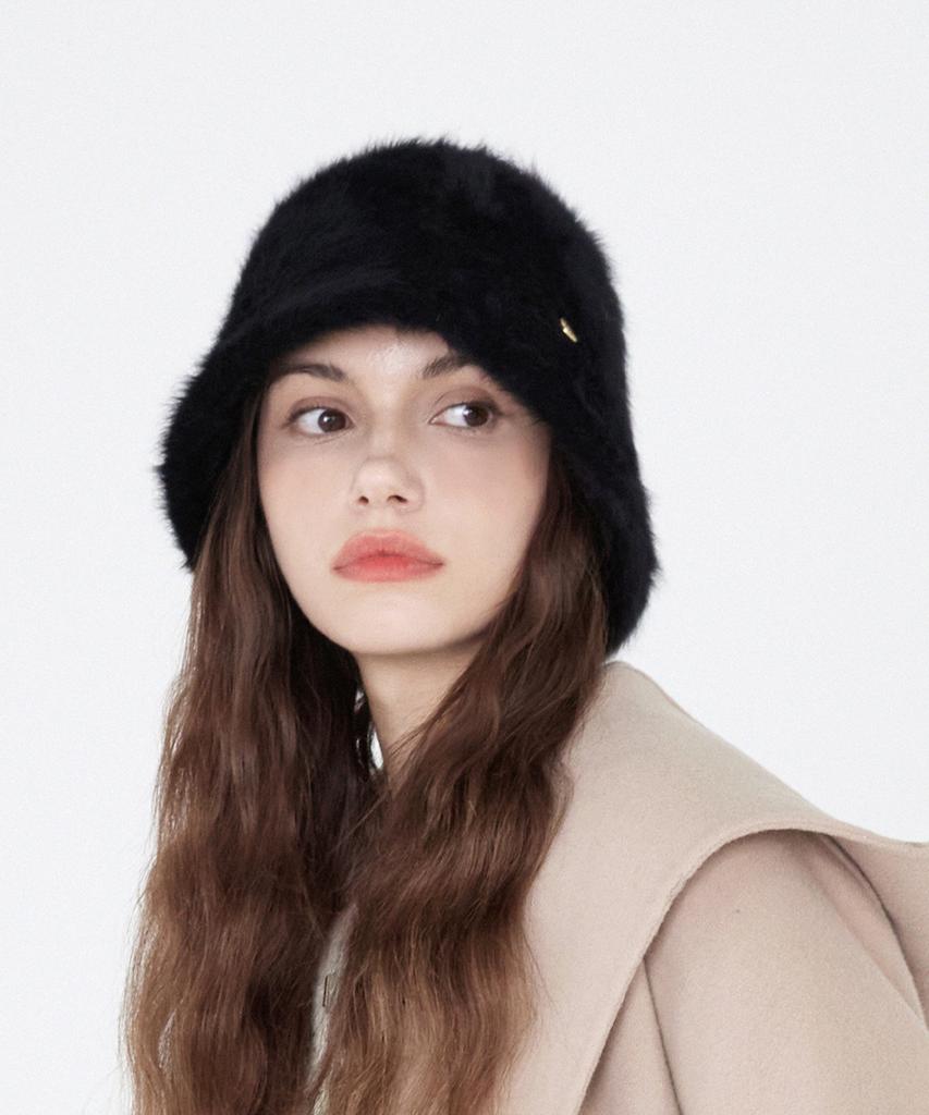 ULUK Circle-Decorated Hairy Angora Bucket Hat_Black