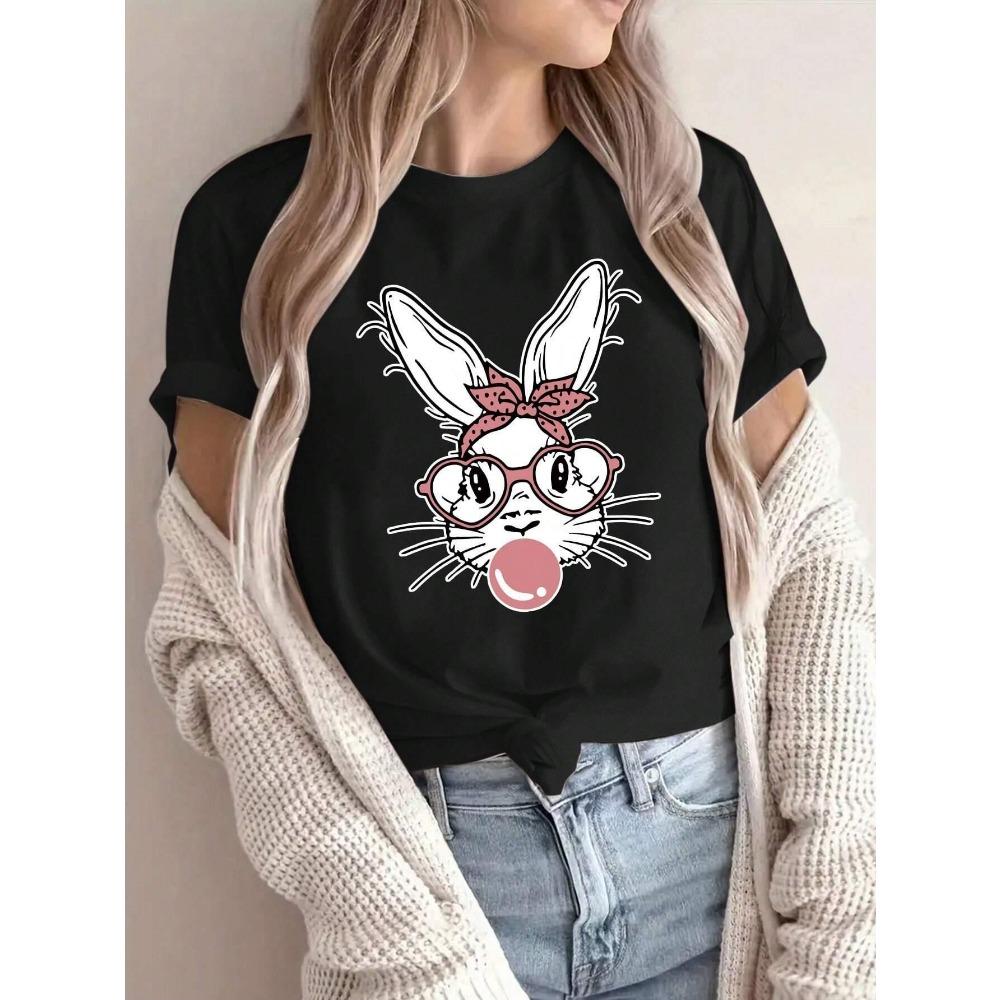 Fashion Pink Rabbit Bubble Blowing Women's T-shirt Casual Short Sleeve Street T-shirt Women's