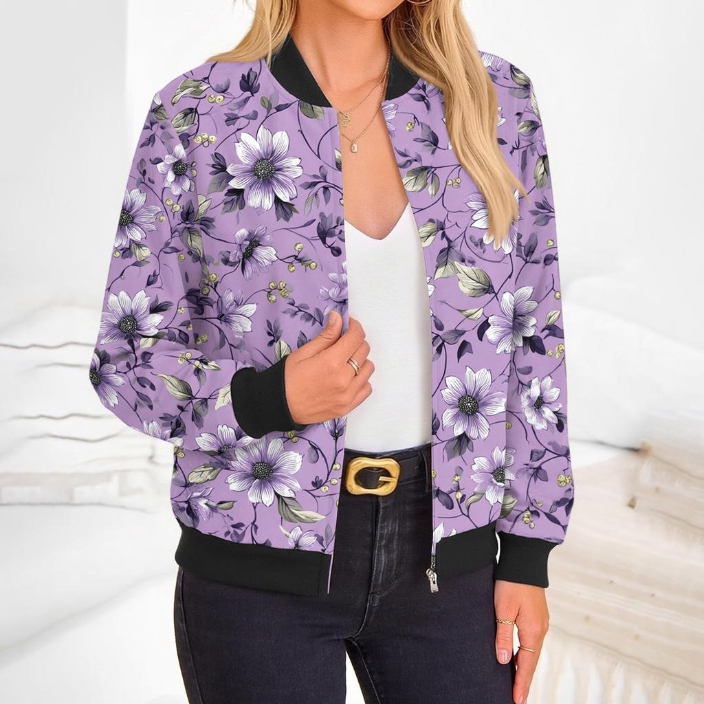 Damenmode Langarm Blumenprint Rundhals Reißverschluss Jacke