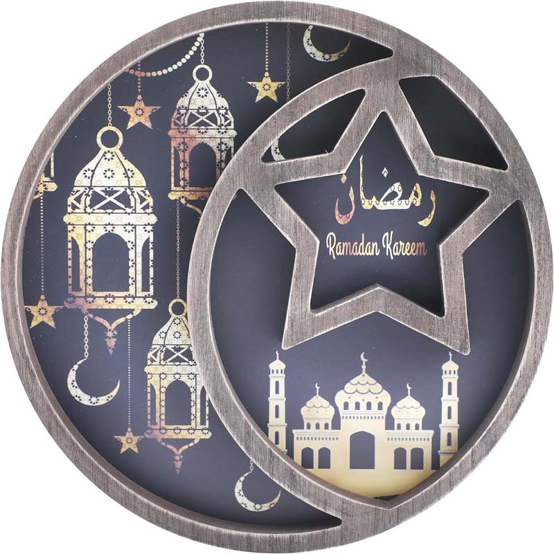 Ramadan Moon Star Serving Tray - Eid Cupcake Candy Plates Mubarak Religious Painting for Family Party Wooden Decorations