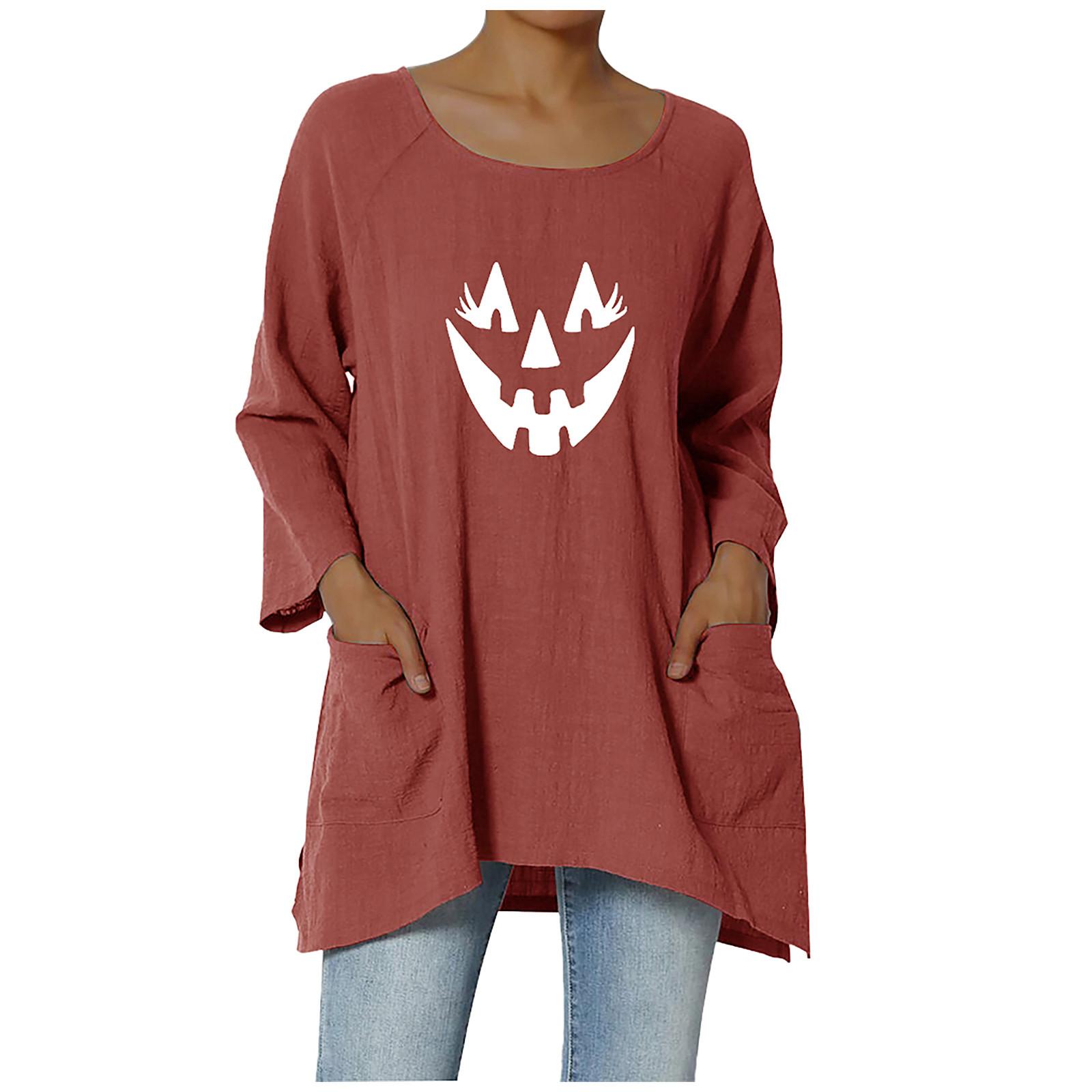 

(SU)Женская повседневная свободная печатная рубашка с длинным рукавом с круглым вырезом карманная рубашка