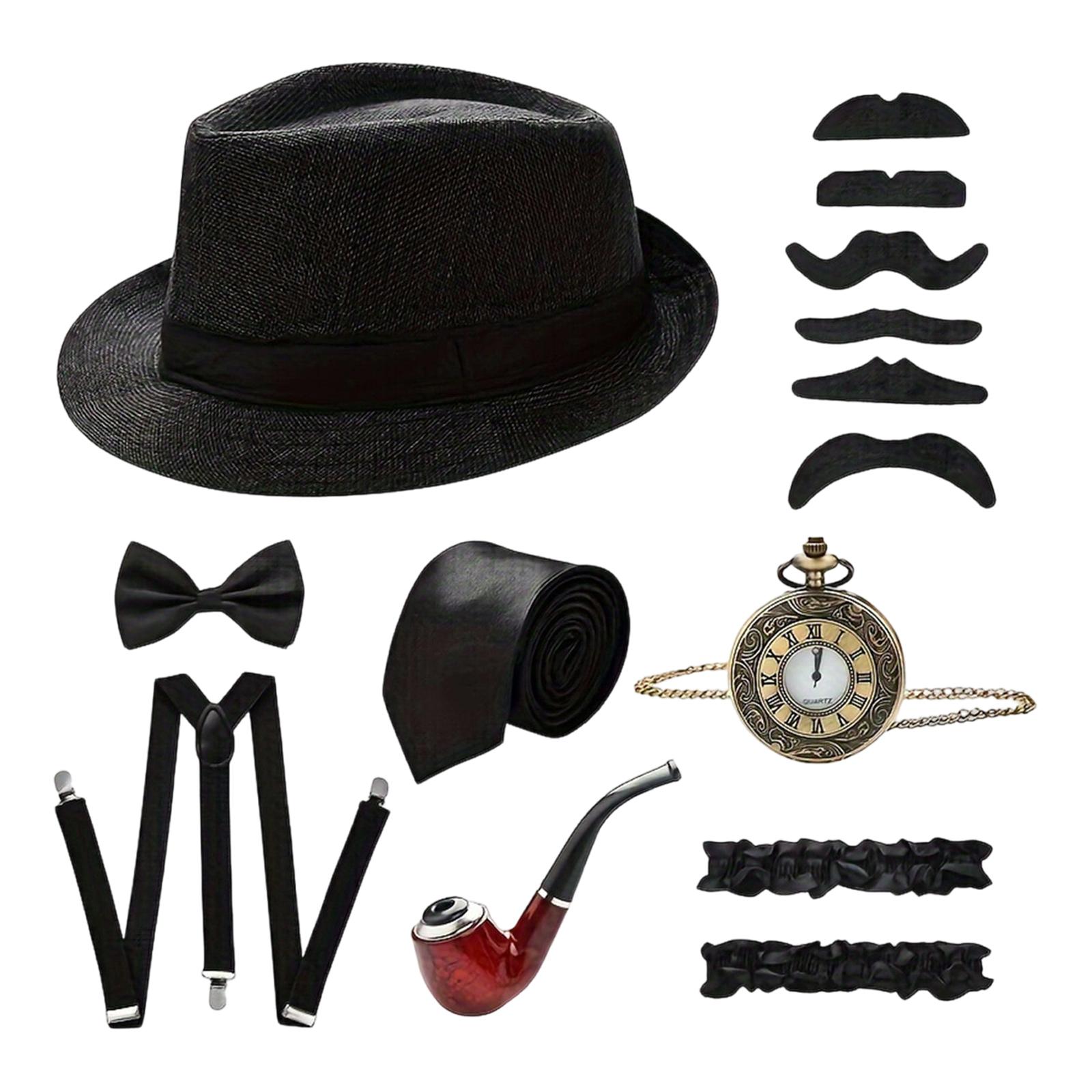 1920er Jahre Vintage Herren Accessoires Set Fedora Hut Hosenträger Fliege Taschenuhr Pfeife Schnurrbart Aufkleber für Partykostüm One Size