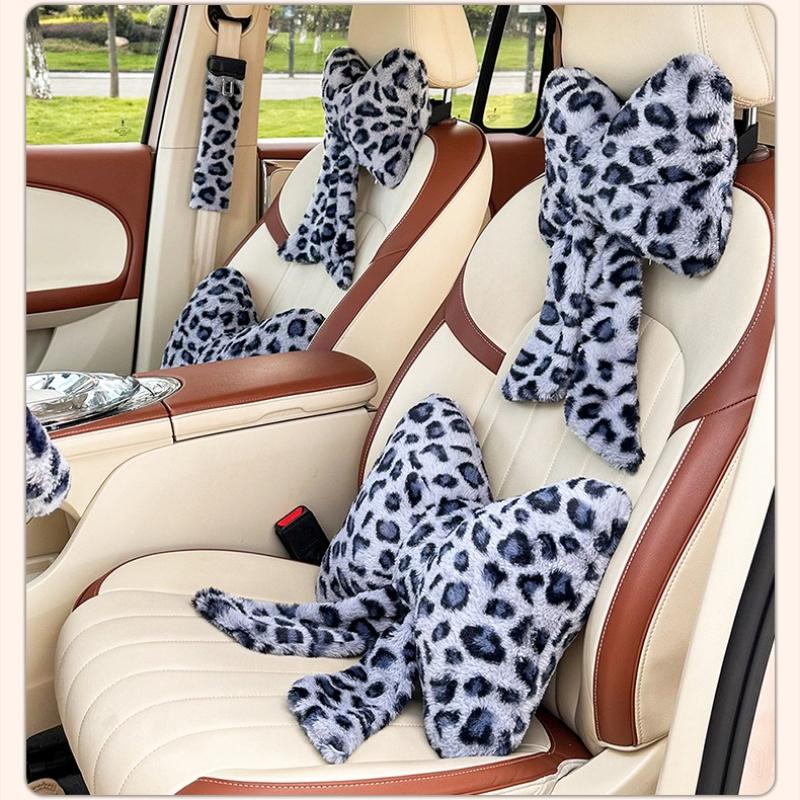 Bow Leopard Print Car Headrest Car Seat Decoration Neck Pillow Protection Pillow Plush Comfortable Seat Cushion Lumbar Support