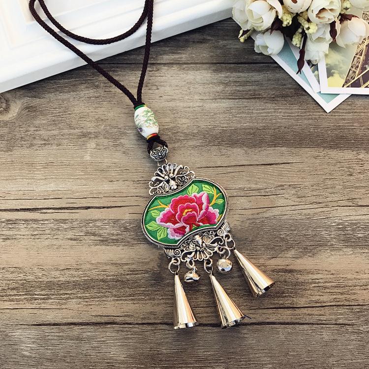 Retro Long Fashion Classical Embroidery Fringed Necklace Temperament Wind Chimes Pendant Miao Sweater Chain Accessories
