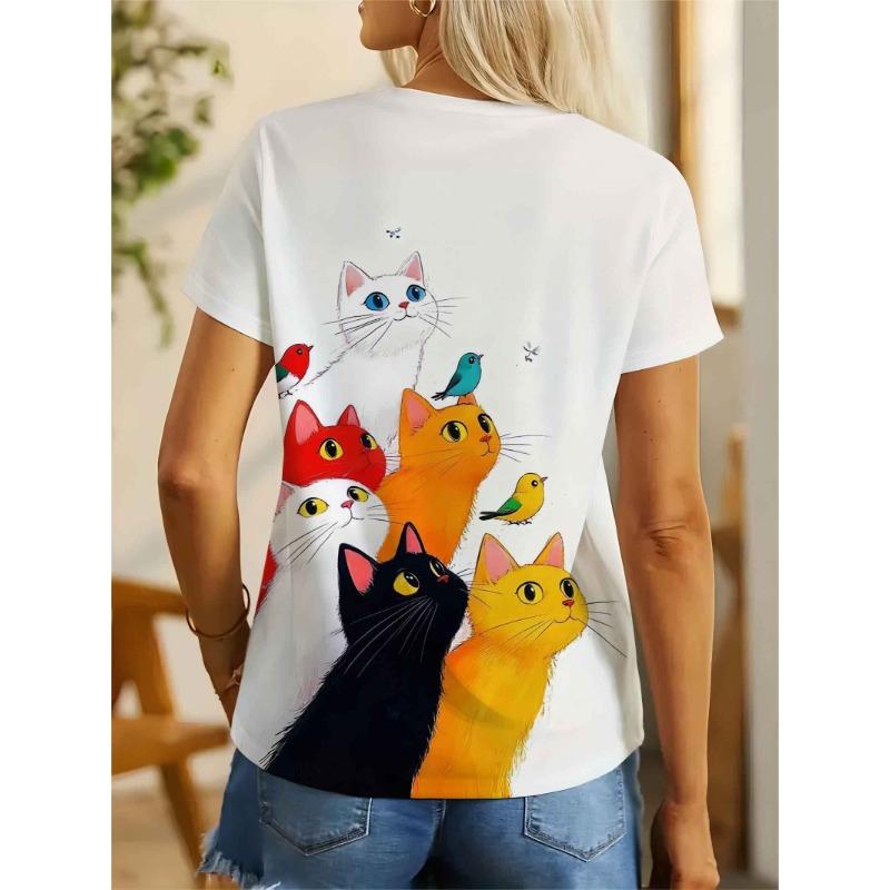 Europäische Größen Damen Katze Familienporträt Print T-Shirt | Rundhalsausschnitt Kurzarm, Weicher Atmungsaktiver Stoff