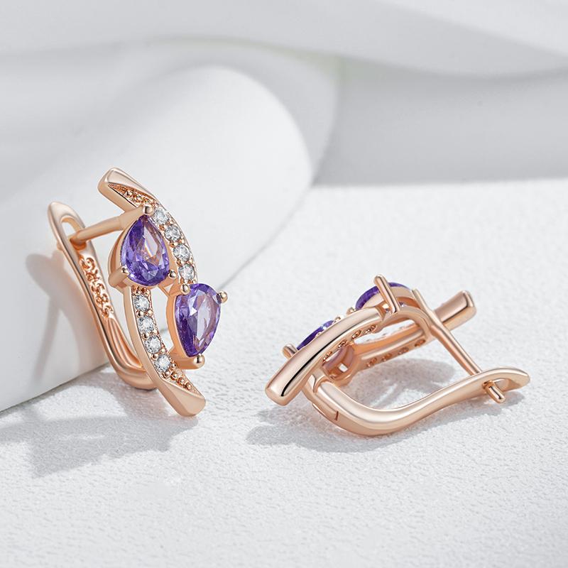 Shiny Purple Natural Zircon Drop Earrings For Women Trend  Rose Gold Color Bride Wedding Fine Jewelry Crystal Gift