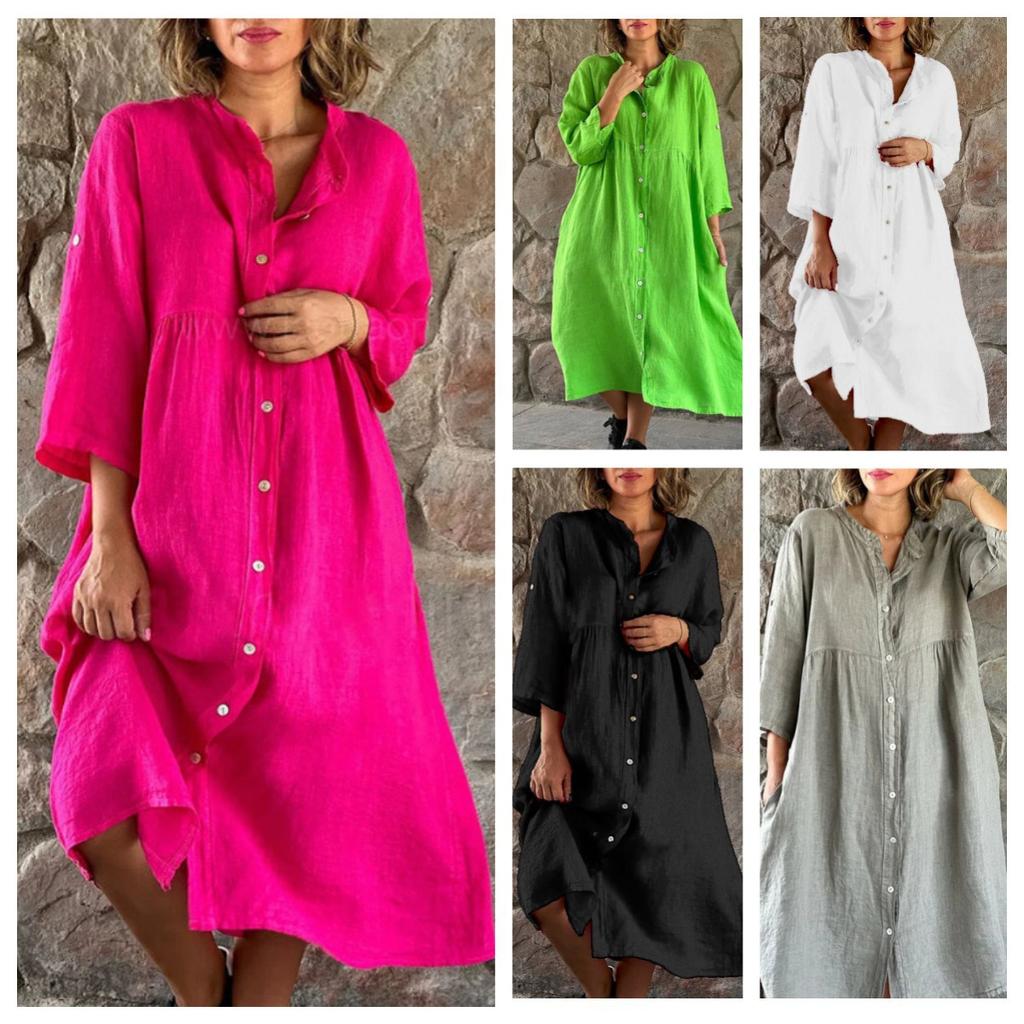 Women's Solid Color Linen Cotton Stand Collar 3/4 Sleeve Single Breasted Loose Casual Midi Long Dress