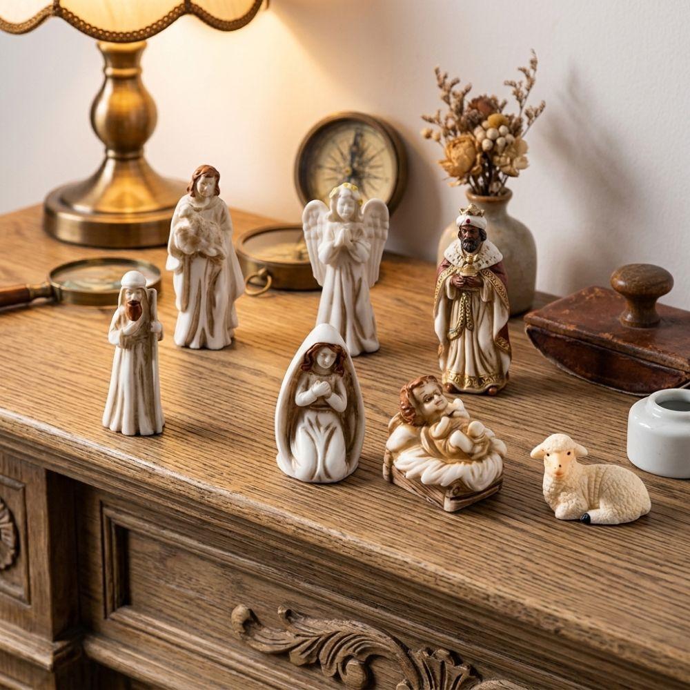 7Pcs Miniature Nativity Scene Figurine Set Resin Craft Vintage Jesus Virgin Mary Figurine Small Figurine Collectible