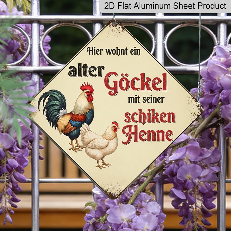 

2D Flat, 1pc Vintage Rooster Themed Aluminum Sign, Funny German Slogan Wall Art, Rustic Aluminum Plaque, Suitable for Farm, Coop, Yard, Garden, Rusty 20*20cm
