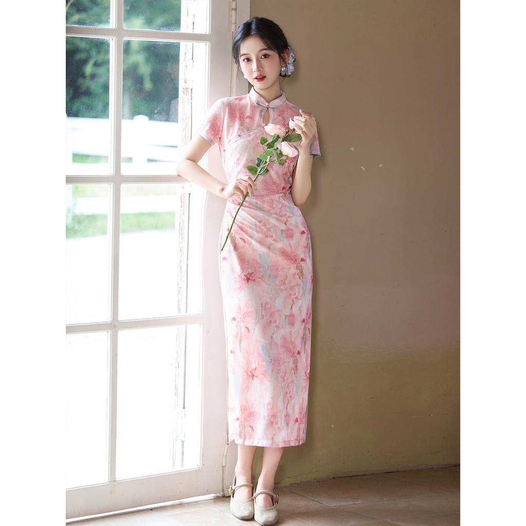 New Chinese-style pink waist cheongsam dress, young girl temperament elegant daily engagement high-end atmospheric summer