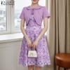 ZANZEA Women Casual Patchwork Summer Short Sleeve Print Dress