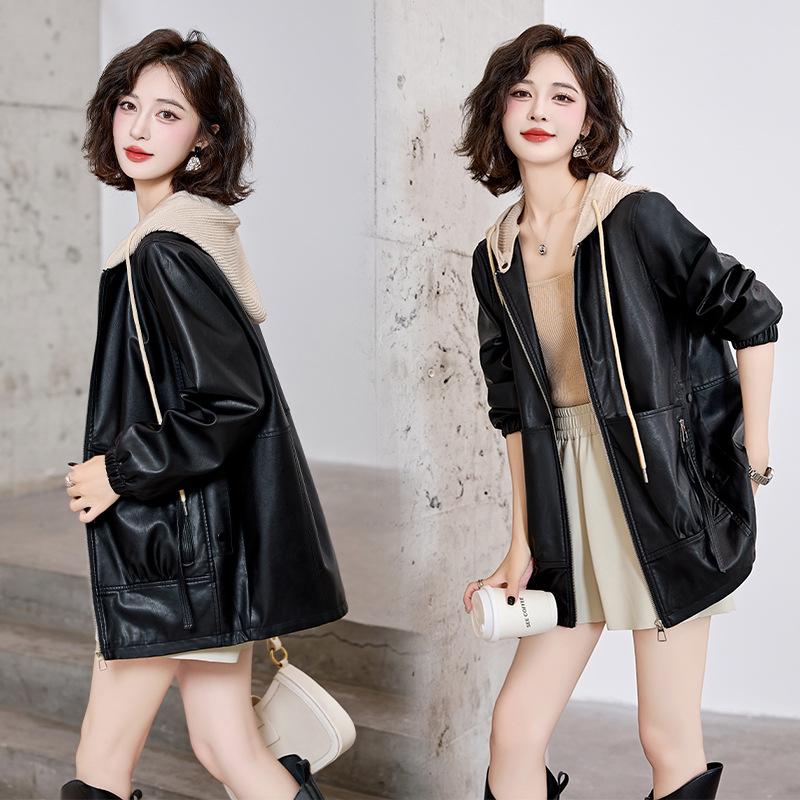 2024 Autumn Women's Fashion Detachable Hooded Knitted Leather Jacket WA8602