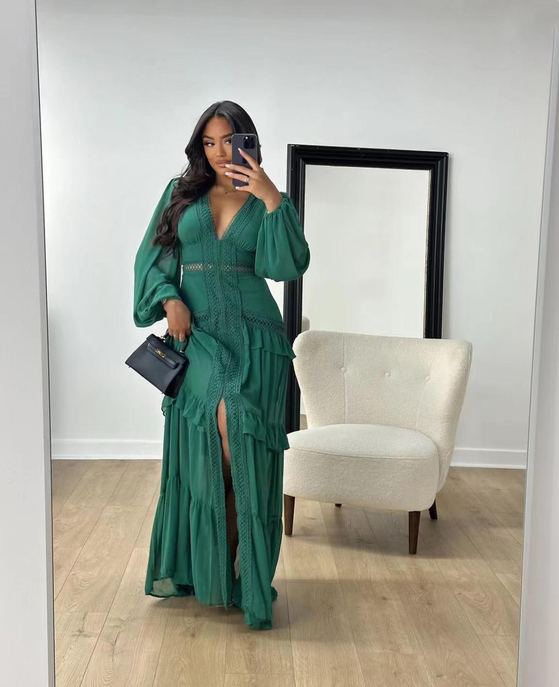 Women Green Long Sleeve Bodycon Midi Dress Solid Color Elegant Slim Fit Dress S