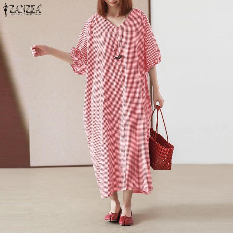 ZANZEA Women Casual V-Neck Loose Half Sleeve Grid Print Long Dress