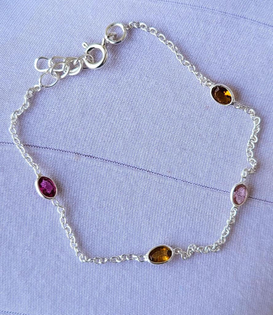 Natural Multi Tourmaline Gemstone 925 Sterling Silver Bracelet 7-8", Christmas