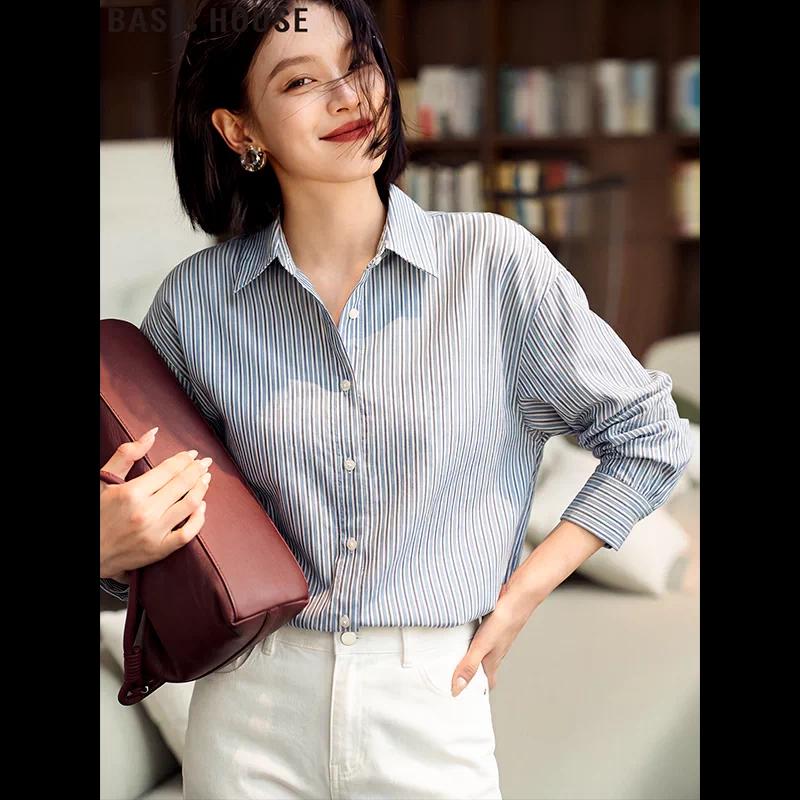 Basic House Women s Striped Cotton Long Sleeve Shirt One Size