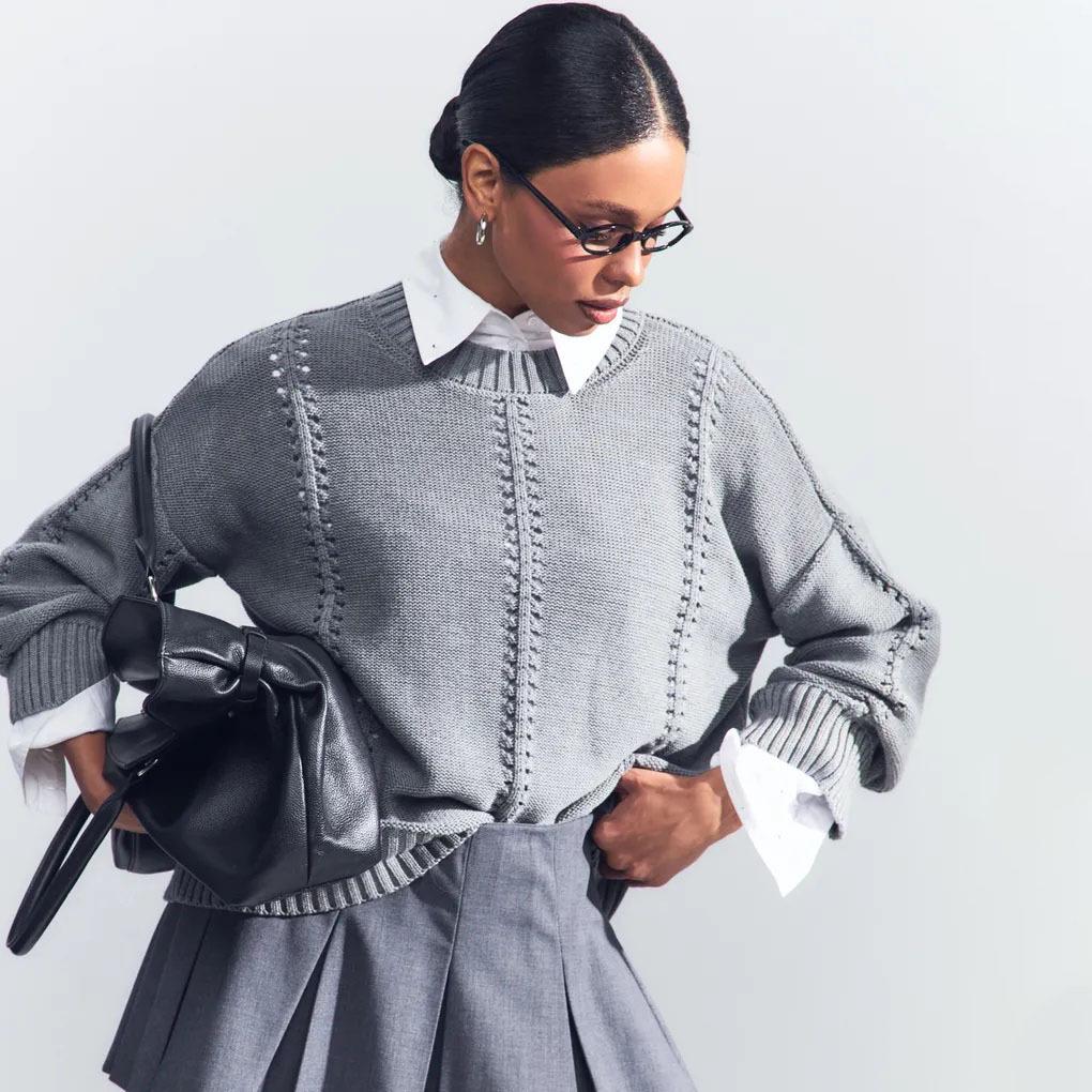 2025 Autumn/Winter Women's Loose Fit Hollow Knit Pullover Sweater - Round Neck, Lazy Style