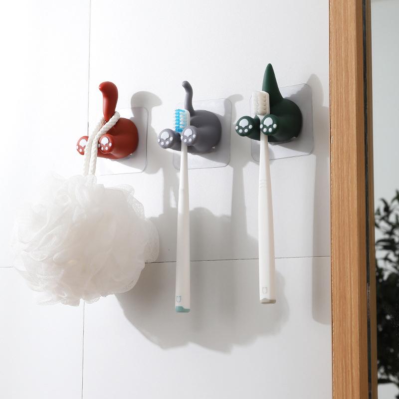 Cartoon Animal Tail Toothbrush Holder Punch-Free Wall Hook Cute Self-Adhesive Bathroom Towel Hook Children Toothbrush Holder