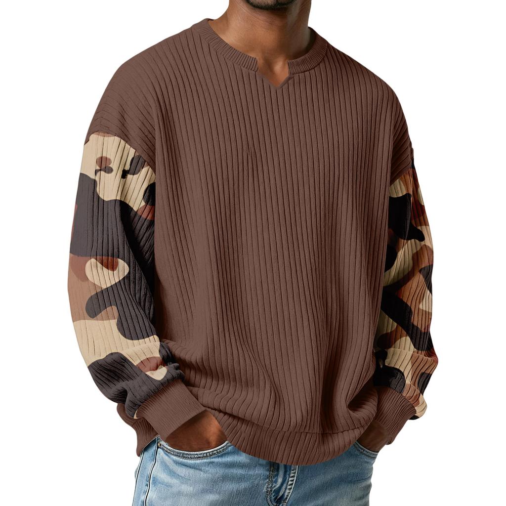 Herren Camouflage Stilvolles V-Ausschnitt Geripptes Strukturiertes Langarm-T-Shirt