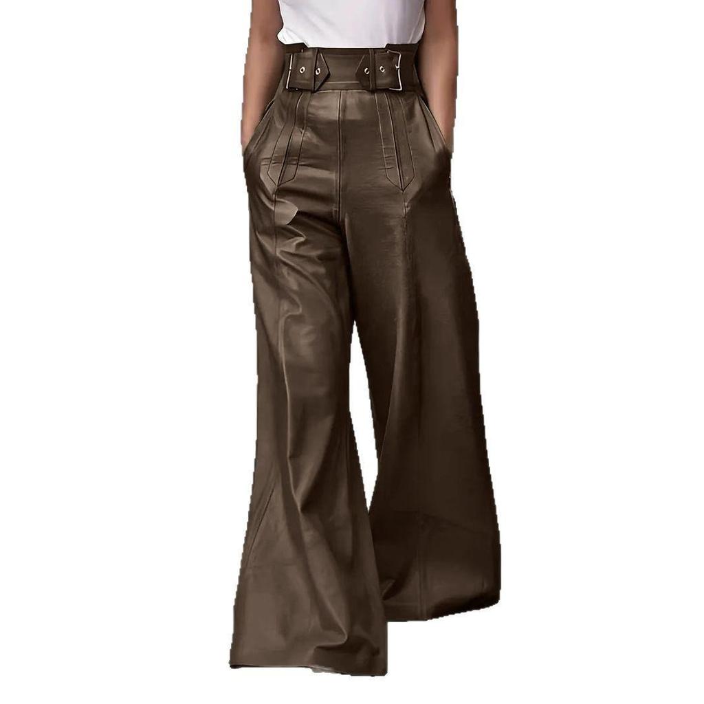 2026 High Waist Loose PU Leather Flared Pants with Pockets for Women