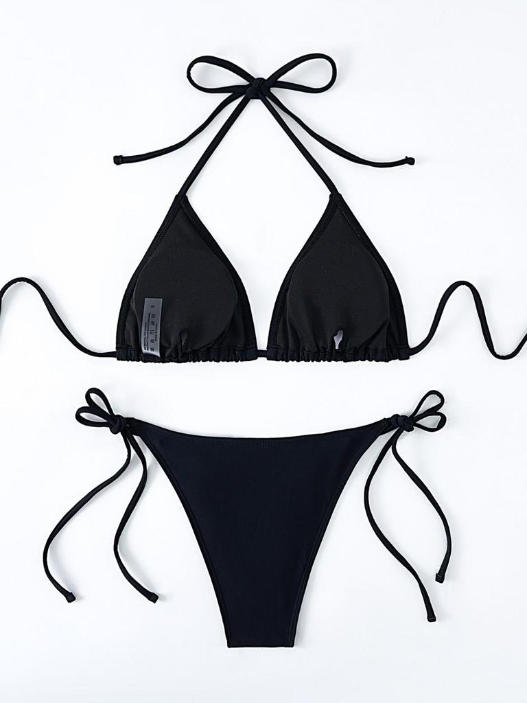 Women's Solid Color Triangle Bikini - Lace-up, High Elasticity, Quick-dry, Breathable, Removable Padding, Sexy Swimwear