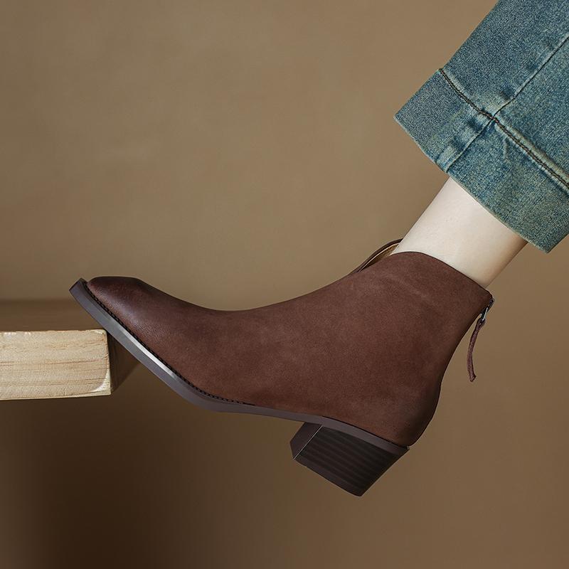Fashion NEW Autumn/Winter Women Boots Pointed Toe Chunky Heel Shoes Genuine Leather Shoes for Women Casual Zip Ankle Boots Western Boots