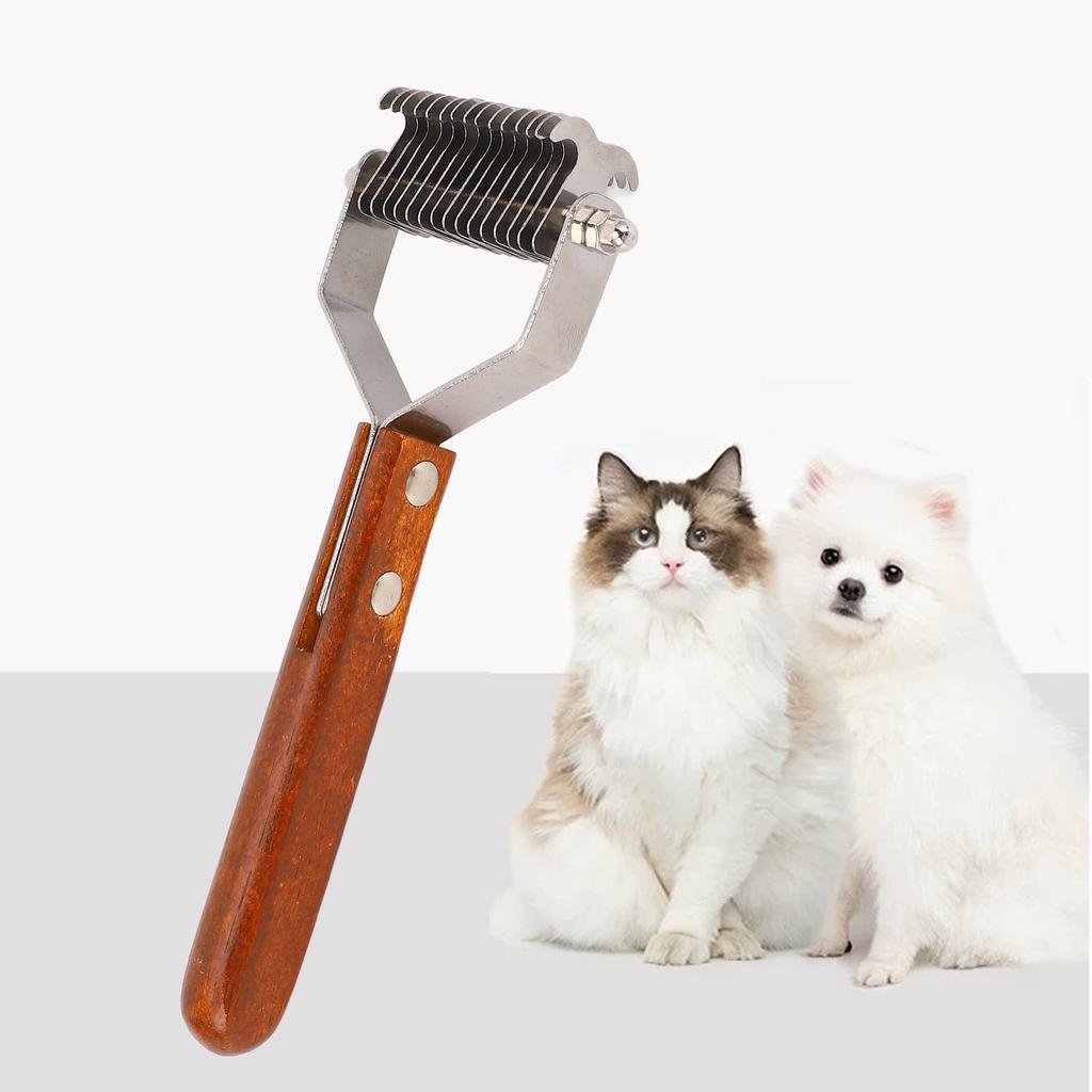 Pet Grooming Brush Stainless Steel Double Sided Dematting Deshedding Brush Dogs Shedding Tool with Wooden Handle