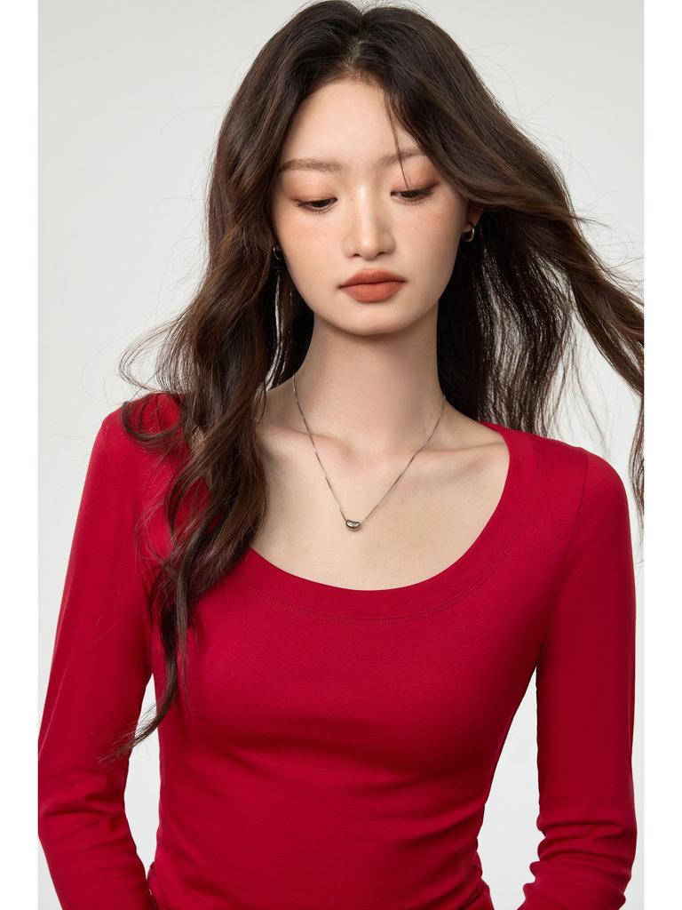 Damen gekämmte Baumwolle U-Ausschnitt Langarm Slim-Fit T-Shirt - Herbstmode, vielseitiges einfarbiges Oberteil