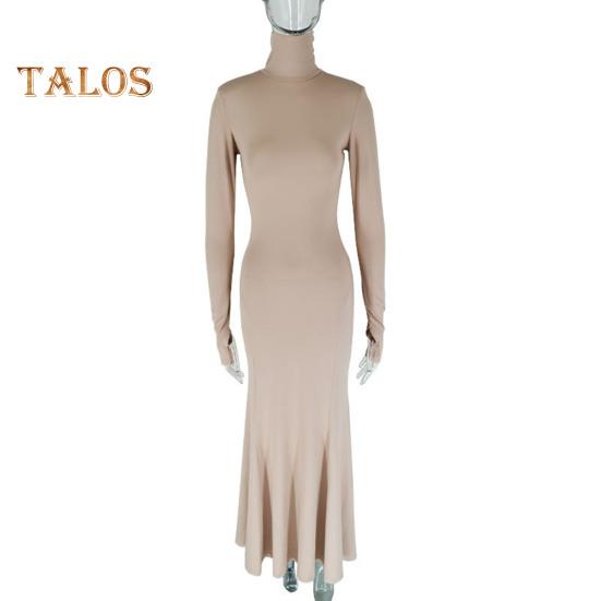 Women Evening Dress Long Sleeves Skinny Solid Color Sheath Hollow Back Floor Length Stretchy Half-high Collar Prom Party Maxi Dress