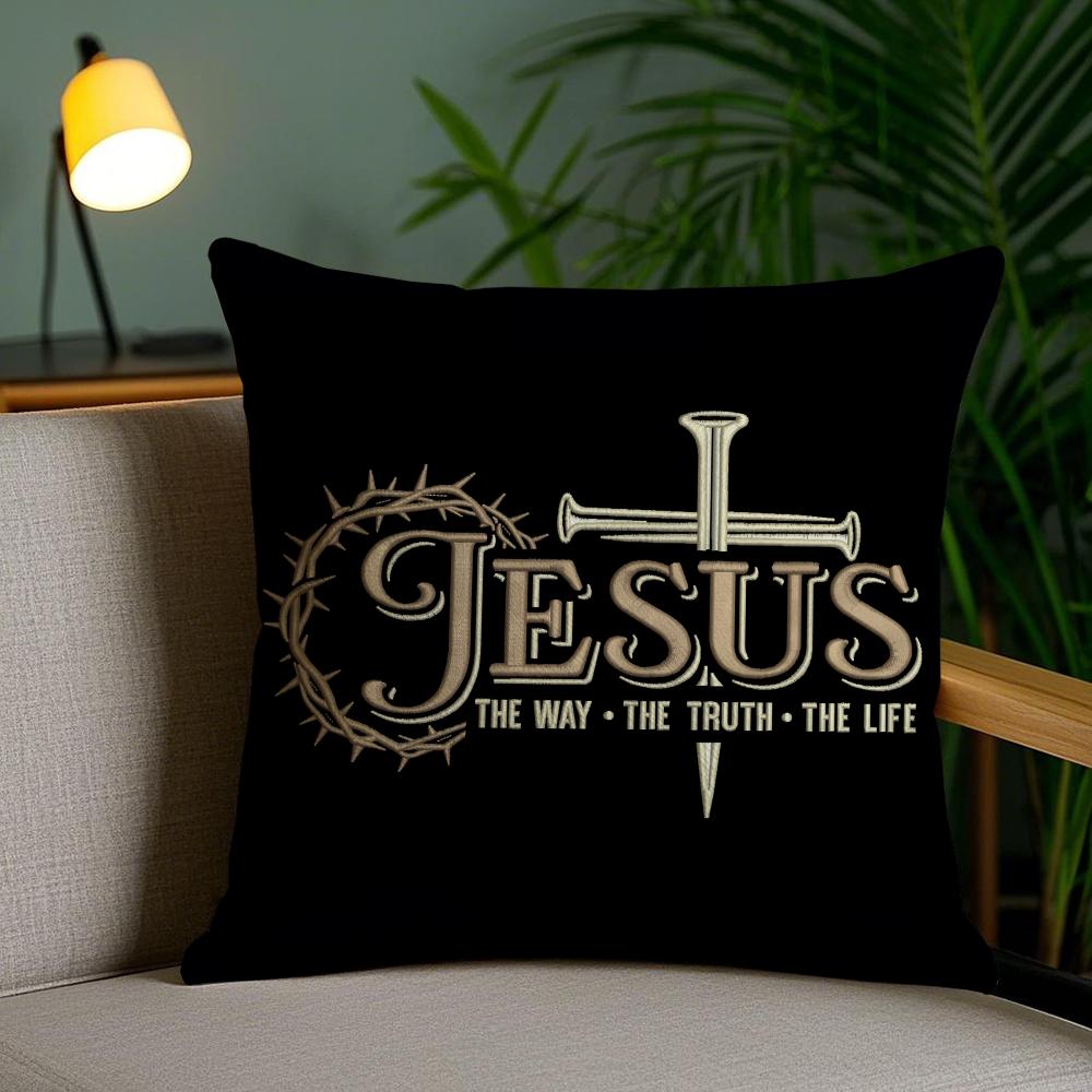 Christian Jesus The Way Truth Life Cushion Cover Plush Fabric Double-Sided Printed Invisible Zipper Sofa Pillow Case Home Decor