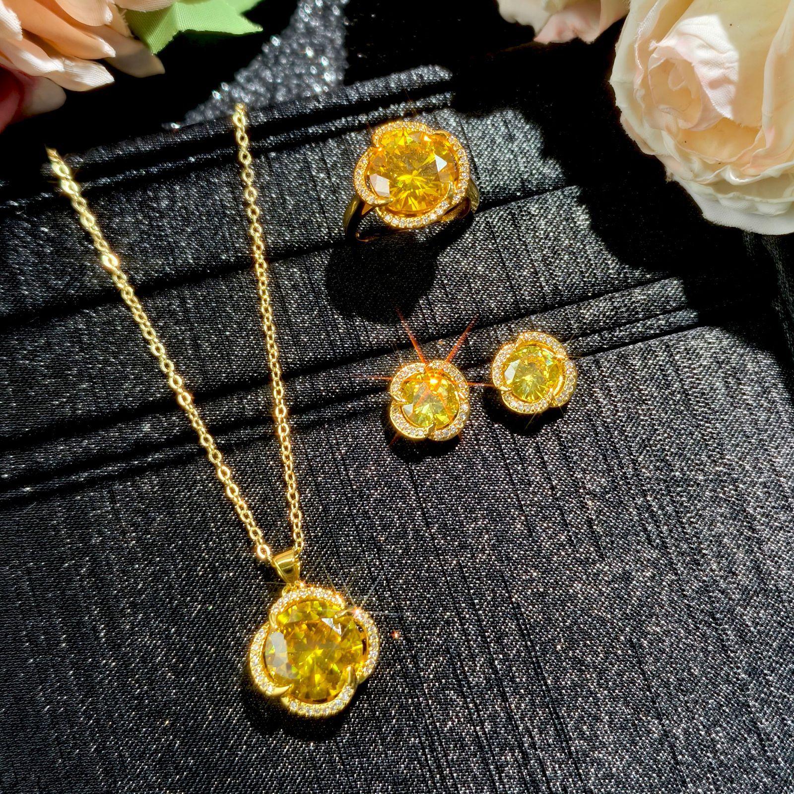 Golden Bird s Nest Sunflower Shape Golden Zircon High Temperament Open Ring Female Pendant Stud Earrings Set 2026 45CM