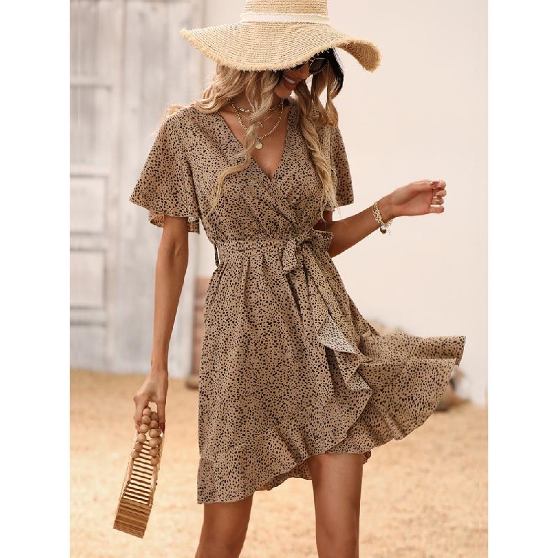 2026 Summer New Women's Fashion Printed Dress with Spotted Ruffles and Tie-Waist Design