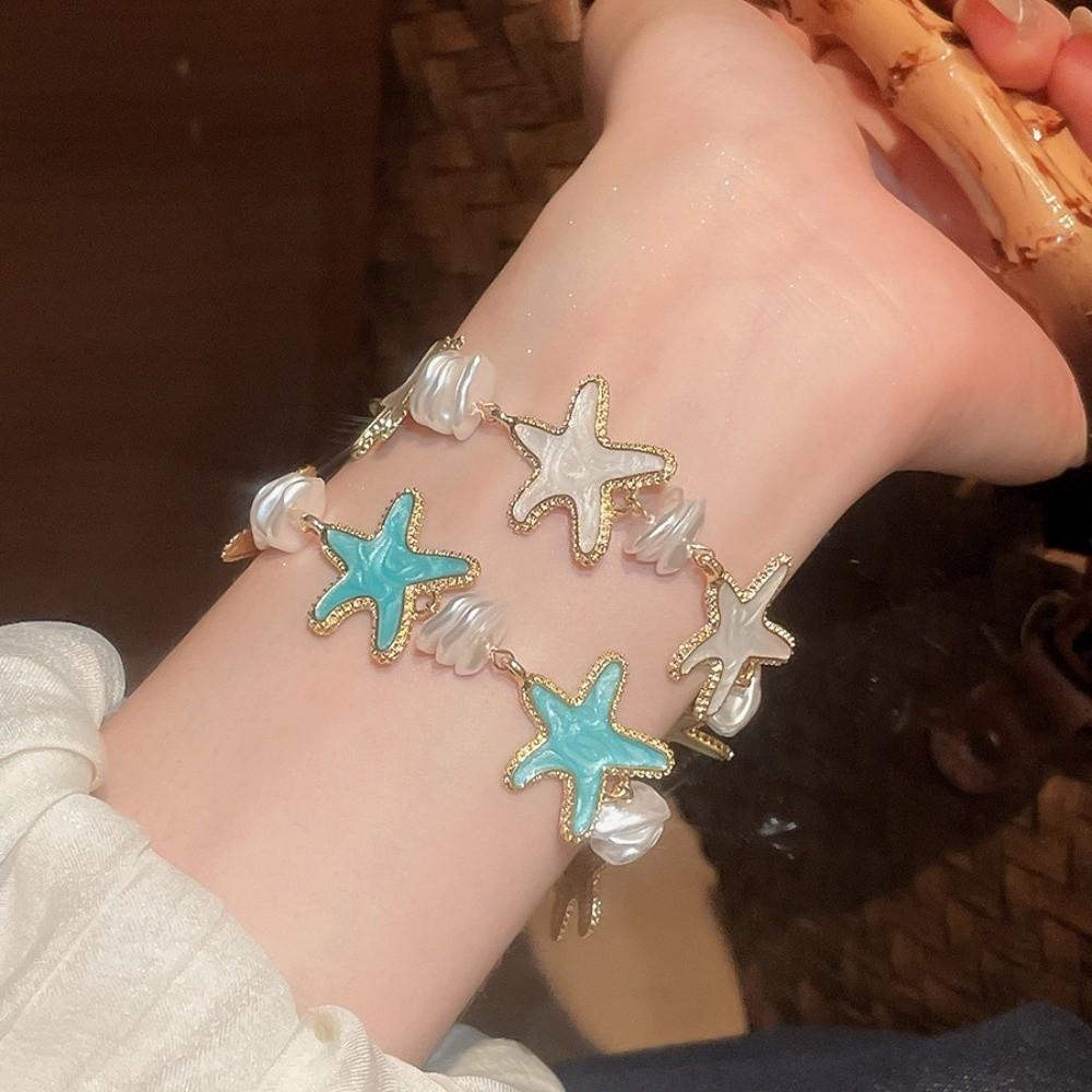 Bohemian Style Acetate Starfish Bracelet Ornaments Adjustable Acetic Acid Star Bangle Alloy with Pearl Decorations Hand Chain