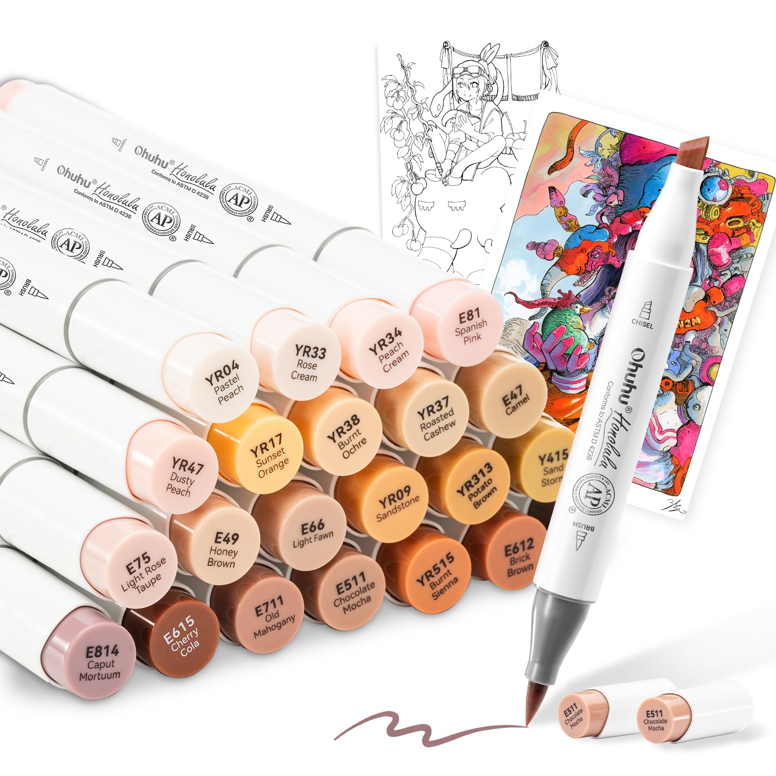 

Ohuhu Marker Pens, Brush Type, 24 Colors, Skin Tones, Professional Grade, Illustration, Brush Tip, Broad Tip, Alcohol-Based Markers, Blender Pen Inclu