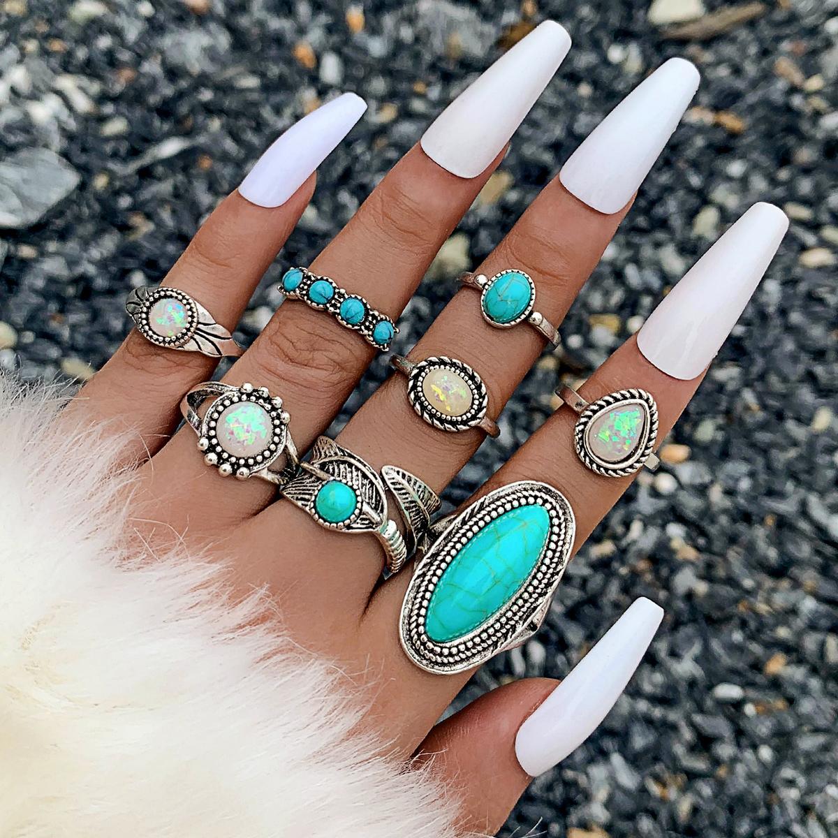 

8 шт. Винтажные этнические перья округлые имитация бирюзовых колец комплект ювелирных изделий для женщин старинные серебристые модные индивидуальные кольца для пальцев бижутерия