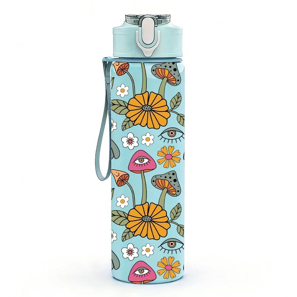 1PC Mixed Floral Mushroom Print 750ml Color Plastic Sports Water Bottle Leakproof Flip Straw Lid Suitable for Sports Office Home Use
