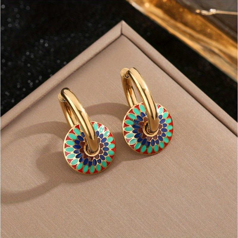 1pair Vintage Painted Daisy Pattern Design Hoop Earrings Female Creative Ethnic Style Jewelry Accessories Gifts