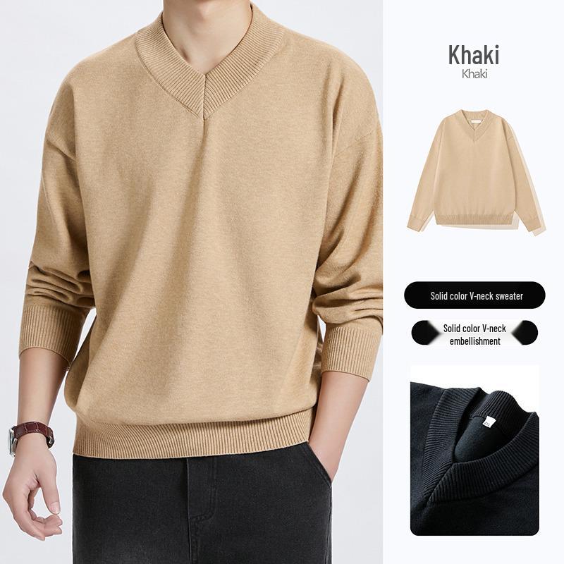 Unisex Solid Color V-Neck Knit Sweater - Trendy Korean Style, Versatile & Casual, Loose Long-Sleeve Top